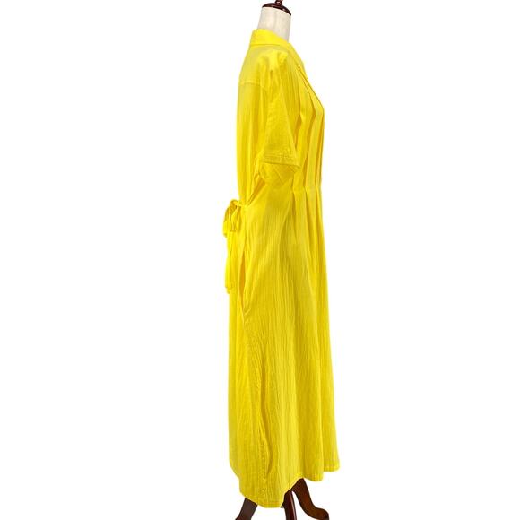 Vtg 80s 90s Two Potato Button Down Tie Back Short Sleeve Maxi Dress XL Yellow - Picture 2 of 16